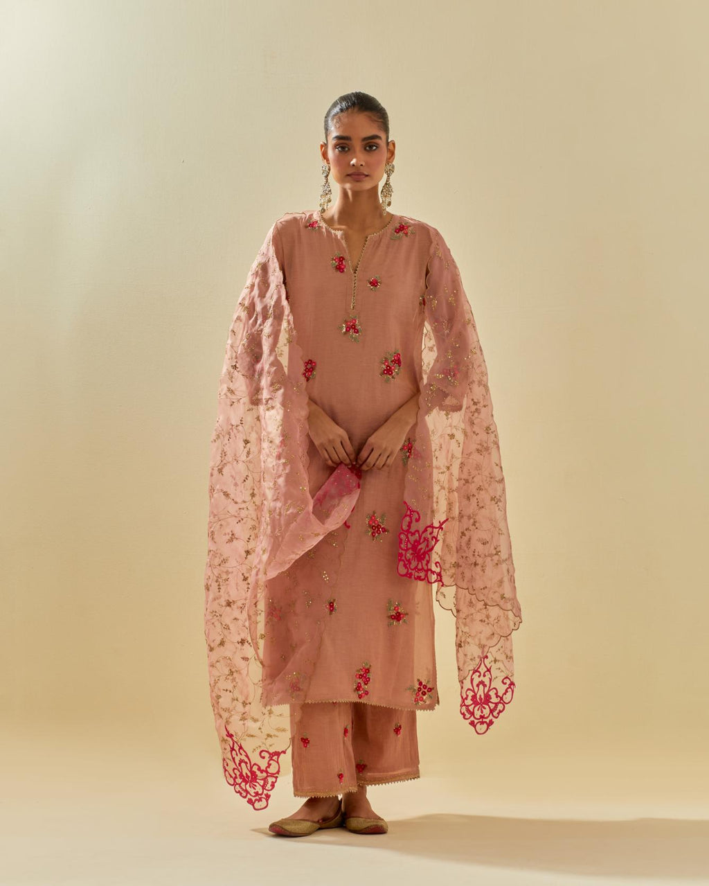 Pink silk organza dupatta with all-over delicate gold zari embroidery & silk applique work, highlighted with gold sequins.