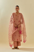 Pink tissue chanderi straight kurta set with randomly placed hand cut silk flower bunches, highlighted with gold sequins.