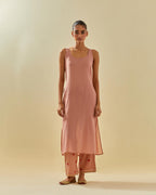 Pink tissue chanderi hand cut silk flower embroidered kurta dress set with fine gathers at empire line.