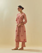 Pink tissue chanderi hand cut silk flower embroidered kurta dress set with fine gathers at empire line.