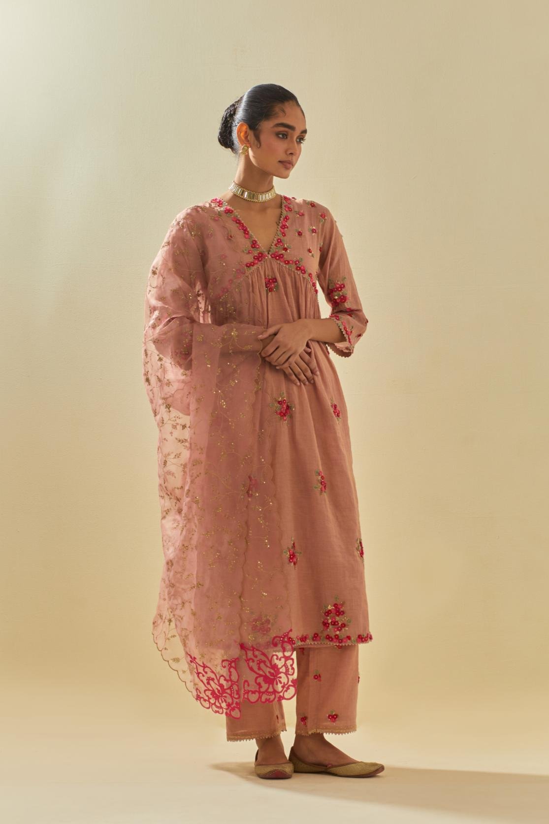Pink tissue chanderi hand cut silk flower embroidered kurta dress set with fine gathers at empire line.