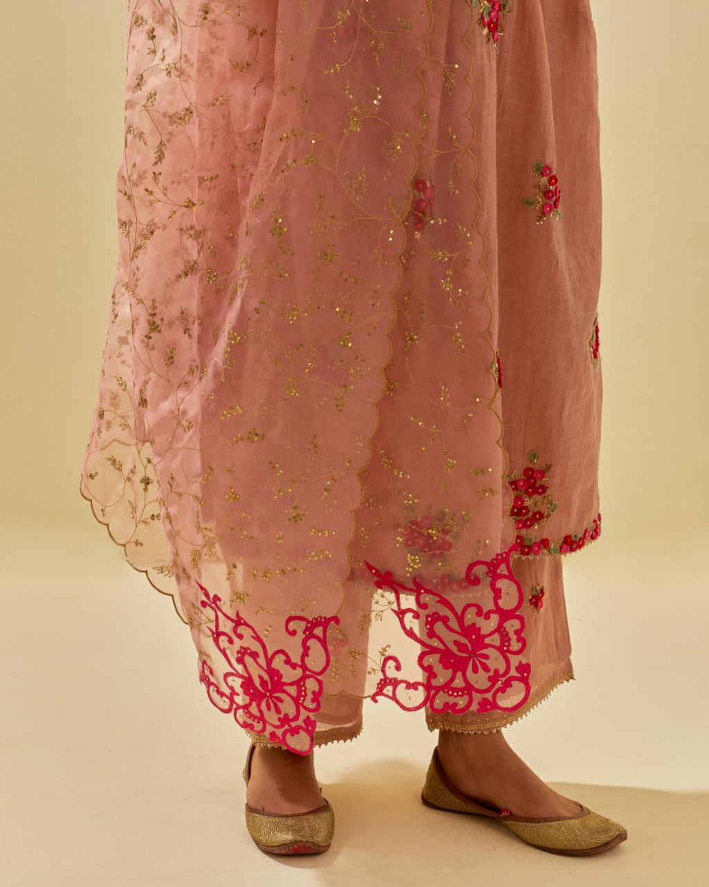 Pink tissue chanderi hand cut silk flower embroidered kurta dress set with fine gathers at empire line.
