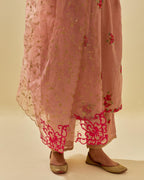 Pink tissue chanderi hand cut silk flower embroidered kurta dress set with fine gathers at empire line.