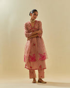 Pink tissue chanderi hand cut silk flower embroidered kurta dress set with fine gathers at empire line.