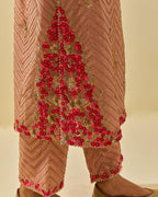 Pink tissue chanderi straight kurta set with delicate hand cut silk flower embroidery, highlighted with gold sequins and beads.