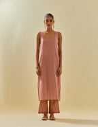 Pink tissue chanderi straight kurta set with delicate hand cut silk flower embroidery, highlighted with gold sequins and beads.