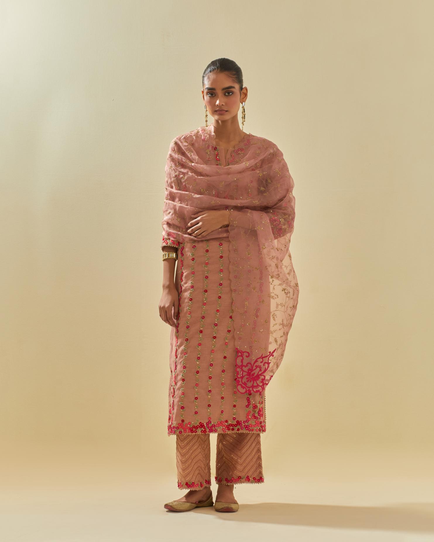 Pink silk organza dupatta with all-over delicate gold zari embroidery & silk applique work, highlighted with gold sequins.