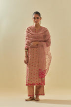 Pink tissue chanderi paneled kurta set with front placket neckline and all-over hand cut silk flower embroidery.