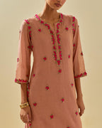Pink tissue chanderi straight kurta set, with contrast silk hand cut flowers embroidery, highlighted with gold sequins.