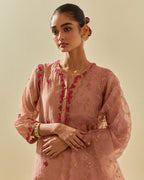 Pink tissue chanderi straight kurta set, with contrast silk hand cut flowers embroidery, highlighted with gold sequins.