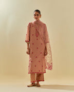 Pink tissue chanderi straight kurta set, with contrast silk hand cut flowers embroidery, highlighted with gold sequins.