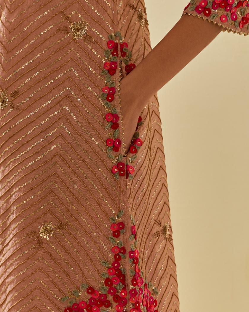 Pink tissue chanderi easy fit short kurta set, highlighted with gold sequins and beads.