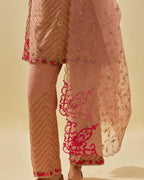 Pink tissue chanderi easy fit short kurta set, highlighted with gold sequins and beads.