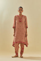 Pink tissue chanderi mid length kalidar kurta set with hand cut silk flower embroidery, highlighted with gold sequins.