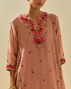 Pink tissue chanderi mid length kalidar kurta set with hand cut silk flower embroidery, highlighted with gold sequins.