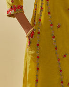 Yellow tissue chanderi mid length kalidar kurta set with hand cut silk flower embroidery, highlighted with gold sequins.