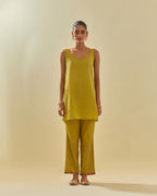 Yellow tissue chanderi easy fit short kurta set, highlighted with gold sequins and beads.