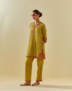 Yellow tissue chanderi easy fit short kurta set, highlighted with gold sequins and beads.
