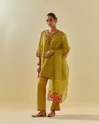 Yellow tissue chanderi easy fit short kurta set, highlighted with gold sequins and beads.