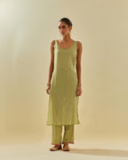 Green tissue chanderi paneled kurta set with front placket neckline and all-over hand cut silk flower embroidery.