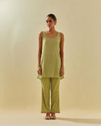 Green tissue chanderi easy fit short kurta set, highlighted with gold sequins and beads.