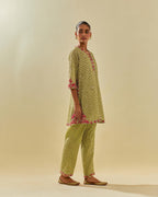 Green tissue chanderi easy fit short kurta set, highlighted with gold sequins and beads.
