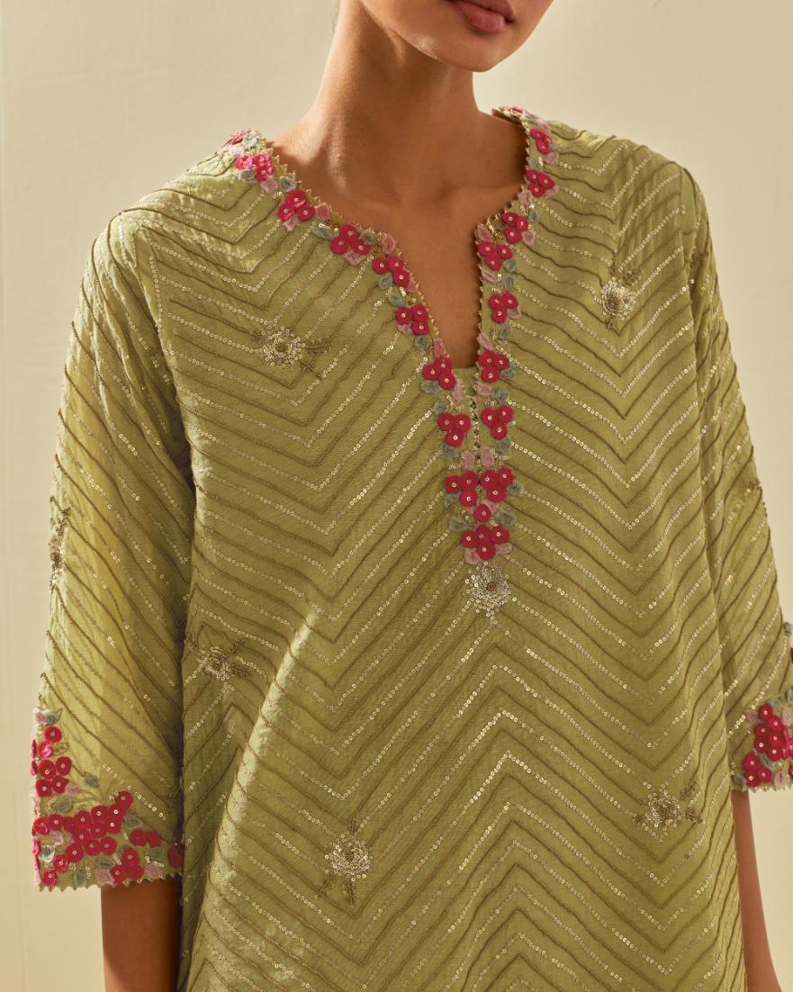 Green tissue chanderi easy fit short kurta set, highlighted with gold sequins and beads.