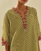 Green tissue chanderi easy fit short kurta set, highlighted with gold sequins and beads.