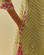 Green tissue chanderi easy fit short kurta set, highlighted with gold sequins and beads.