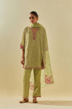 Green tissue chanderi easy fit short kurta set, highlighted with gold sequins and beads.