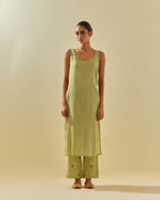 Green tissue chanderi hand cut silk flower embroidered kurta dress set with fine gathers at empire line.