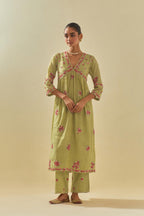 Green tissue chanderi hand cut silk flower embroidered kurta dress set with fine gathers at empire line.
