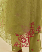 Green tissue chanderi straight kurta set with randomly placed hand cut silk flower bunches, highlighted with gold sequins.