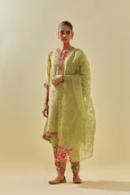 Green tissue chanderi mid length kalidar kurta set with hand cut silk flower embroidery, highlighted with gold sequins.