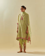 Green tissue chanderi mid length kalidar kurta set with hand cut silk flower embroidery, highlighted with gold sequins.