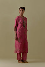 Pink silk straight Kurta set with Multicoloured Appliqué & Floral Motifs.