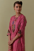 Pink silk straight Kurta set with Multicoloured Appliqué & Floral Motifs.