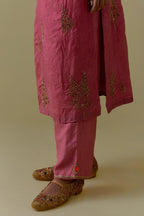Pink silk straight Kurta set with Multicoloured Appliqué & Floral Motifs.