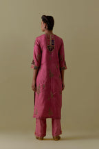 Pink silk straight Kurta set with Multicoloured Appliqué & Floral Motifs.