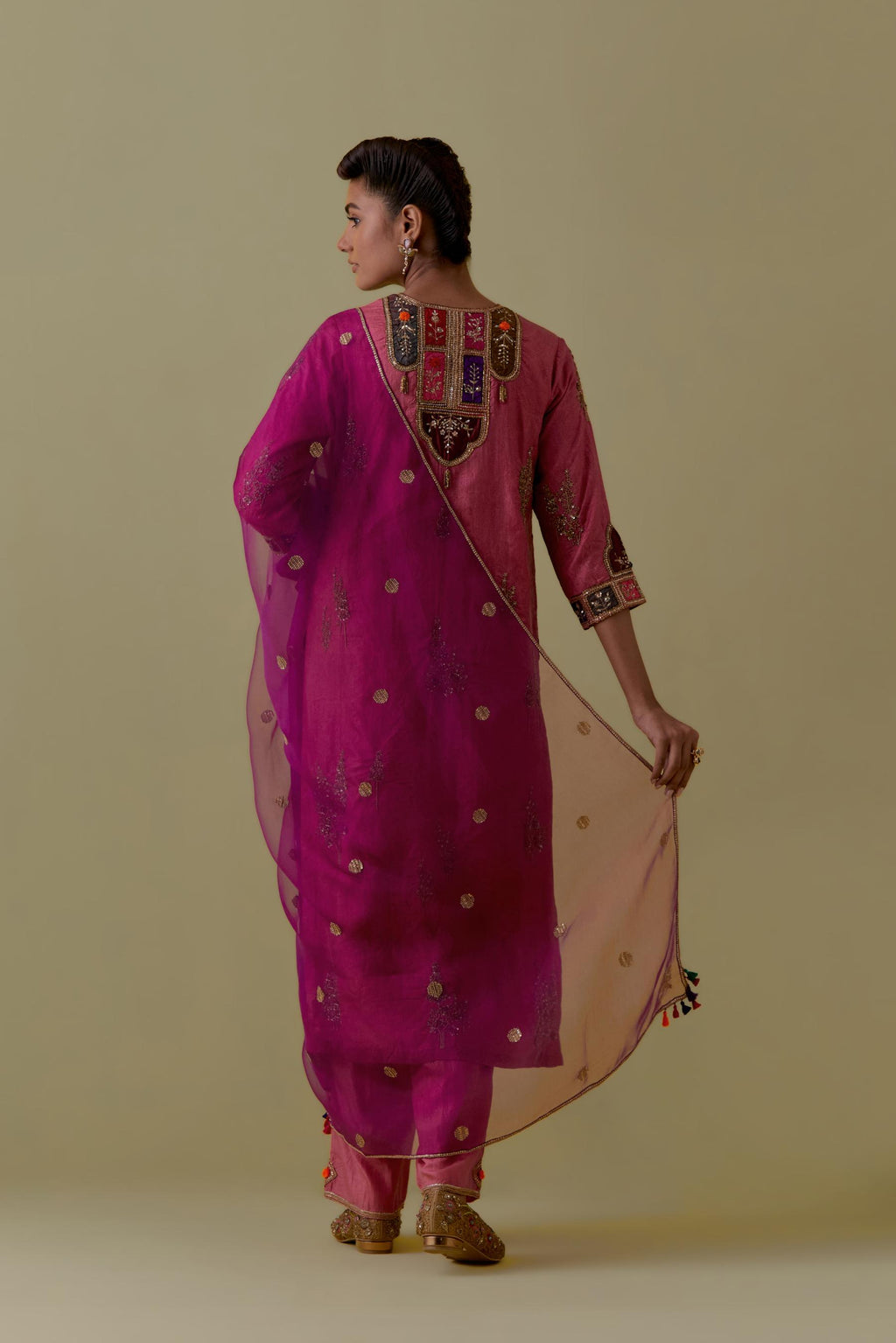 Purple Silk Organza Dupatta with Gold bead and sequins Handwork
