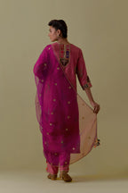 Pink silk straight Kurta set with Multicoloured Appliqué & Floral Motifs.