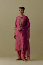 Pink silk straight Kurta set with Multicoloured Appliqué & Floral Motifs.