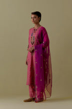 Pink silk straight Kurta set with Multicoloured Appliqué & Floral Motifs.