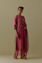 Pink silk straight Kurta set with Multicoloured Appliqué & Floral Motifs.