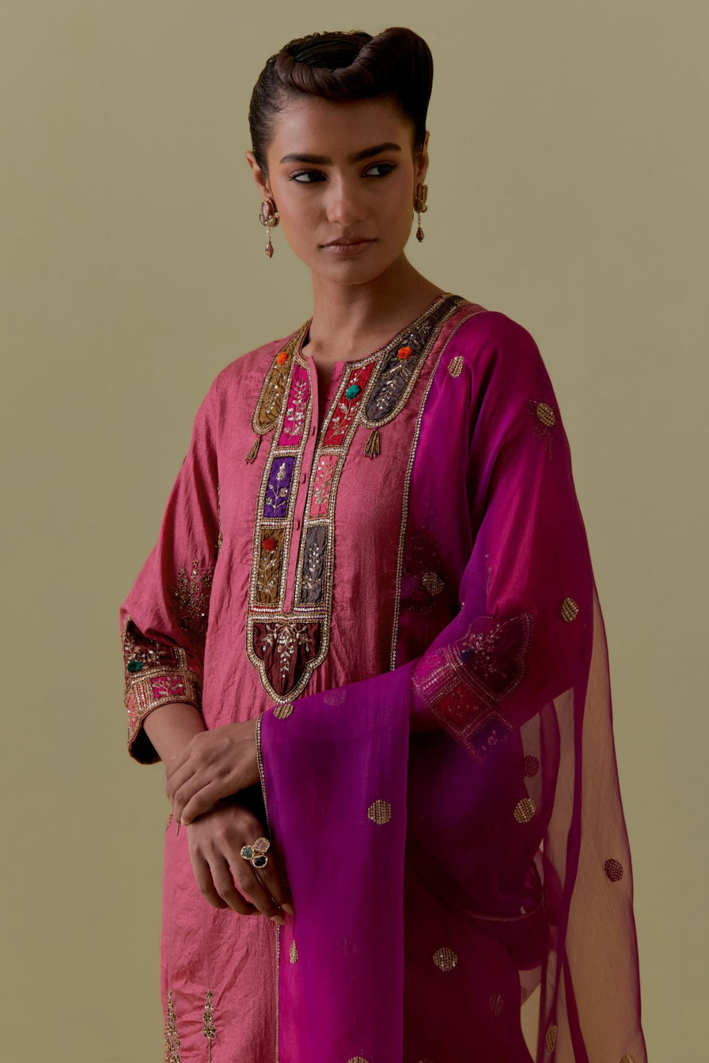 Purple Silk Organza Dupatta with Gold bead and sequins Handwork