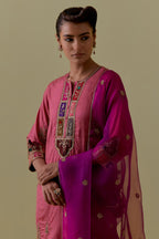 Pink silk straight Kurta set with Multicoloured Appliqué & Floral Motifs.