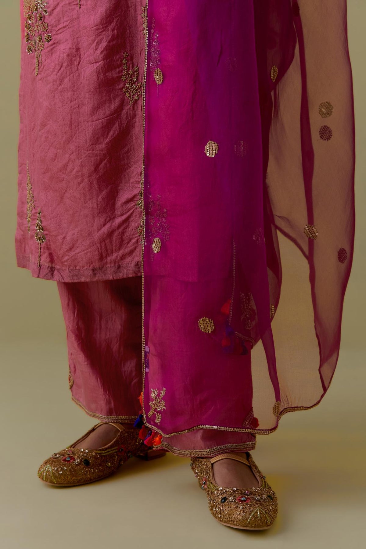 Purple Silk Organza Dupatta with Gold bead and sequins Handwork