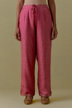 Pink Silk Hand-Block Printed Straight Pants with hand work at hem.