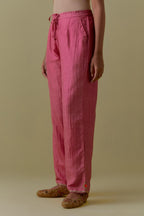 Pink Silk Hand-Block Printed Straight Pants with hand work at hem.