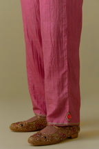 Pink Silk Hand-Block Printed Straight Pants with hand work at hem.